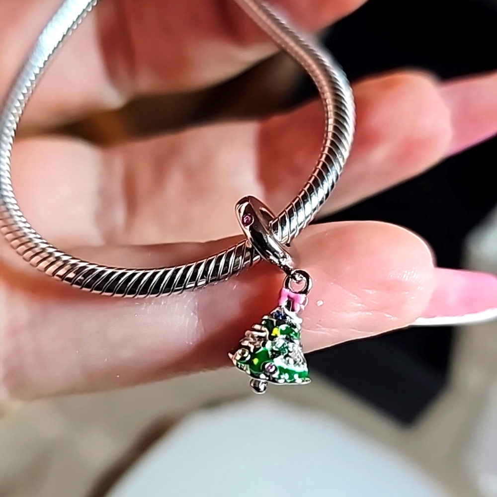 Sterling Silver Christmas Tree Charm–Enamel & Crystal Holiday Dangle Bead S925